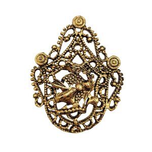 Medieval Style Knights Head Laurel Branch Brooch Gold Tone Safety Closure